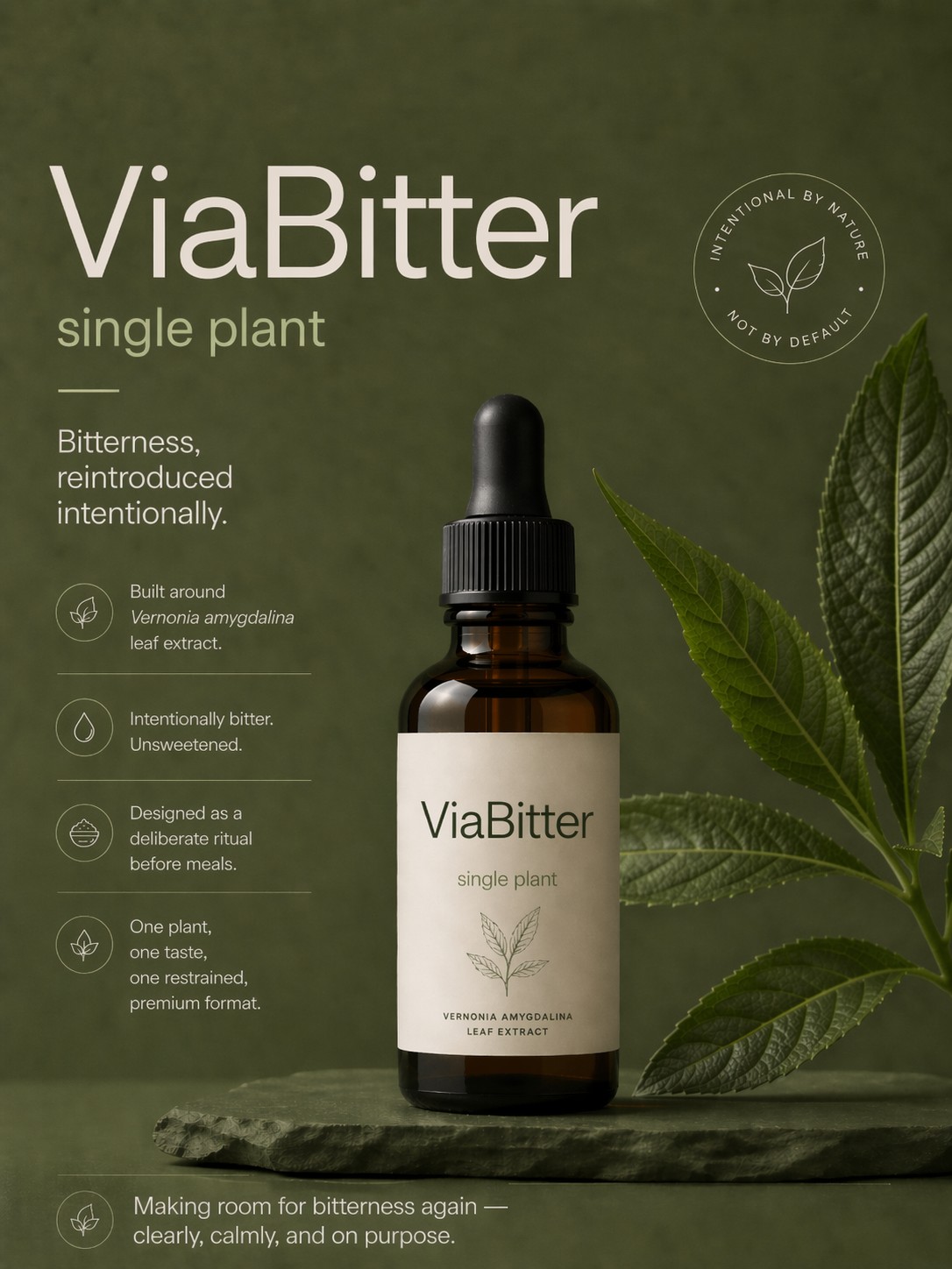 ViaBitter single-plant bitter drops — amber dropper bottle on a stone plinth with Vernonia amygdalina leaves on a deep forest green background